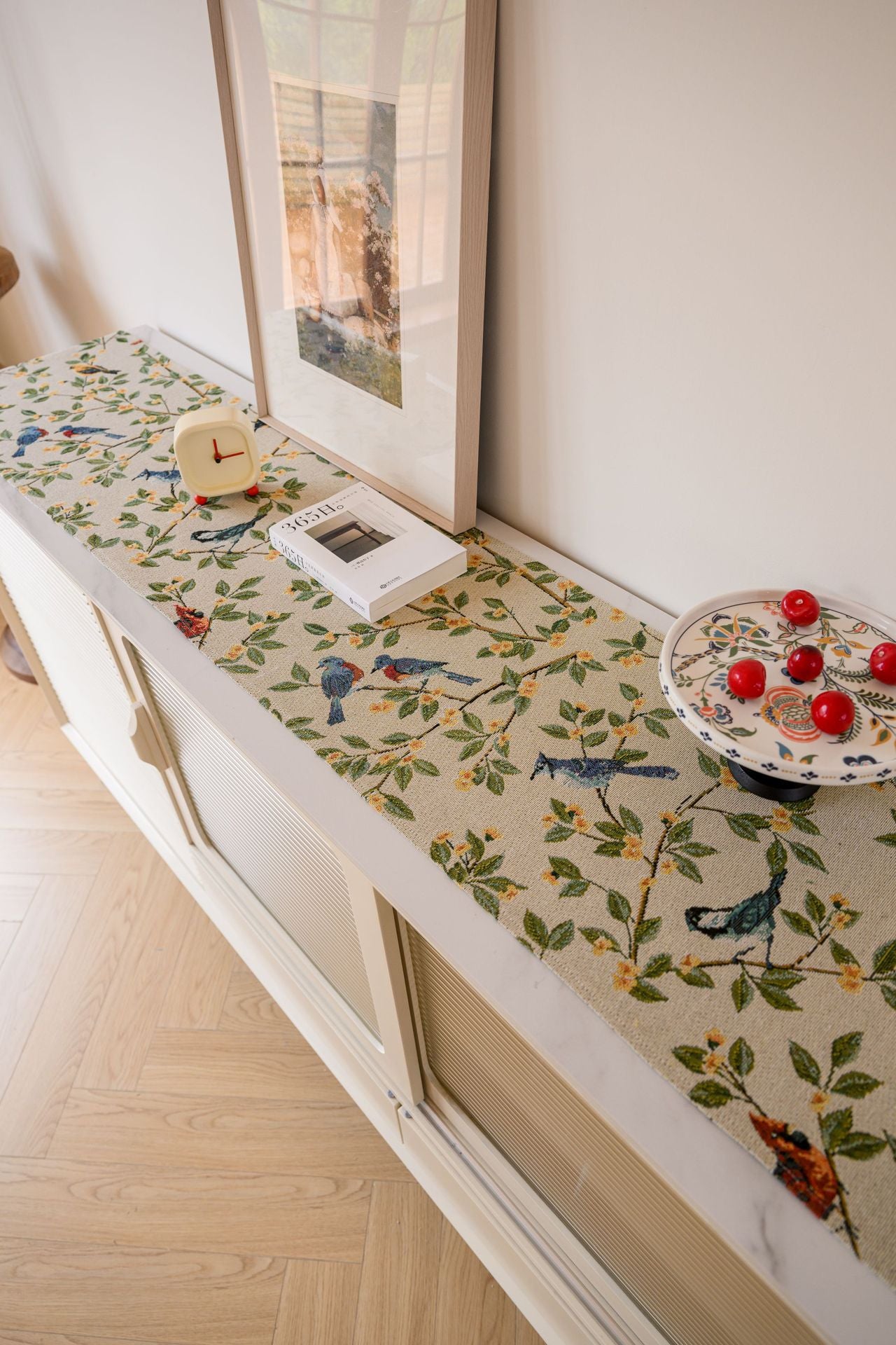 Birds & Branch Table Runner - Jacquard Woven Beige with Tassels(33X400CM)