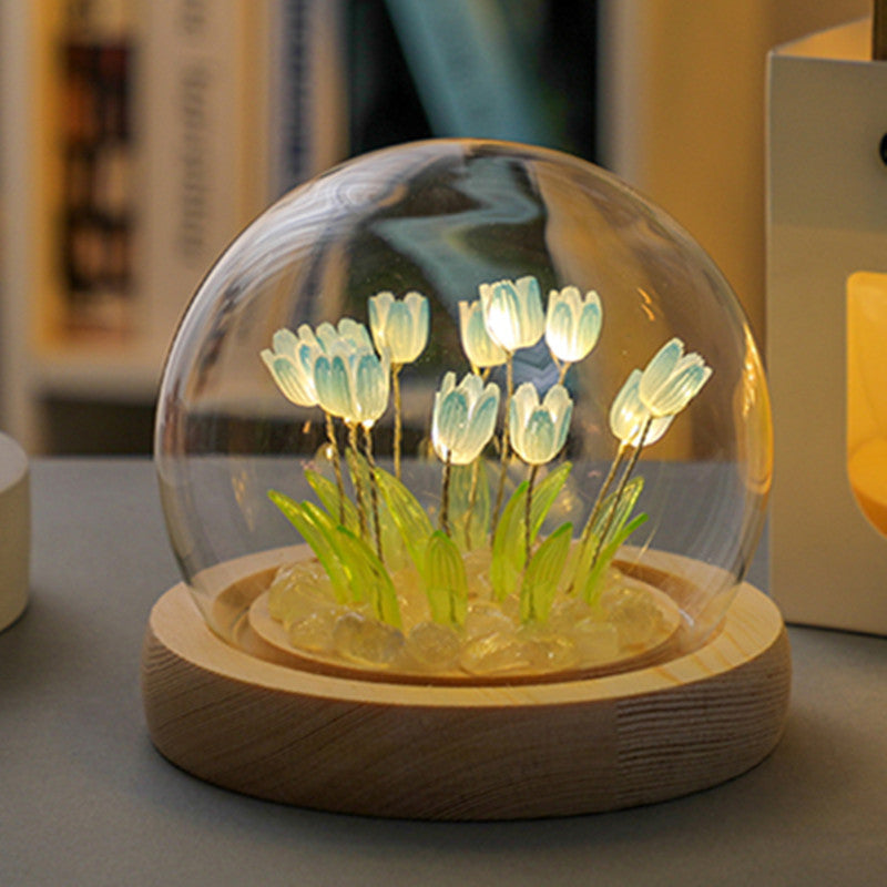 (Thirteen Blue Tulips) Glowing Tulip Dome Lamp - Wooden Base, Bedside Table Decoration