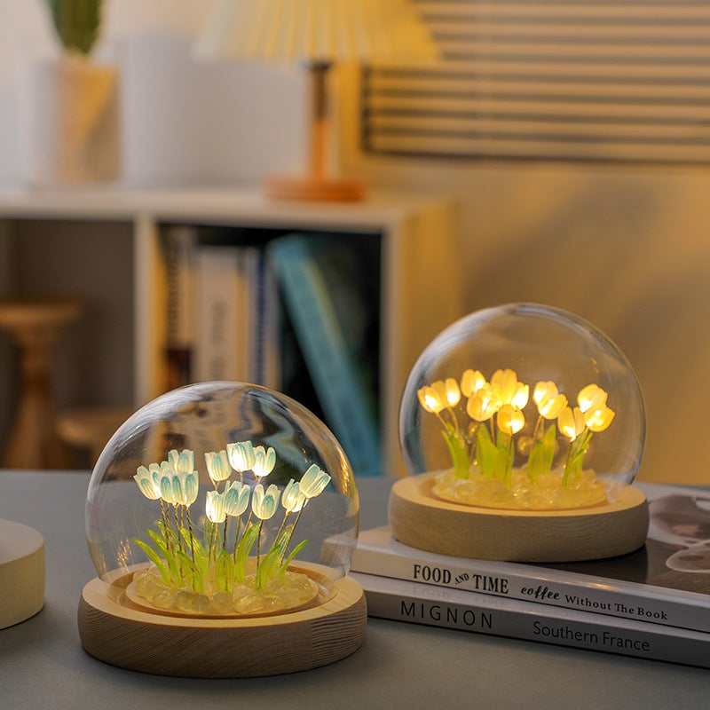 (Thirteen Blue Tulips) Glowing Tulip Dome Lamp - Wooden Base, Bedside Table Decoration