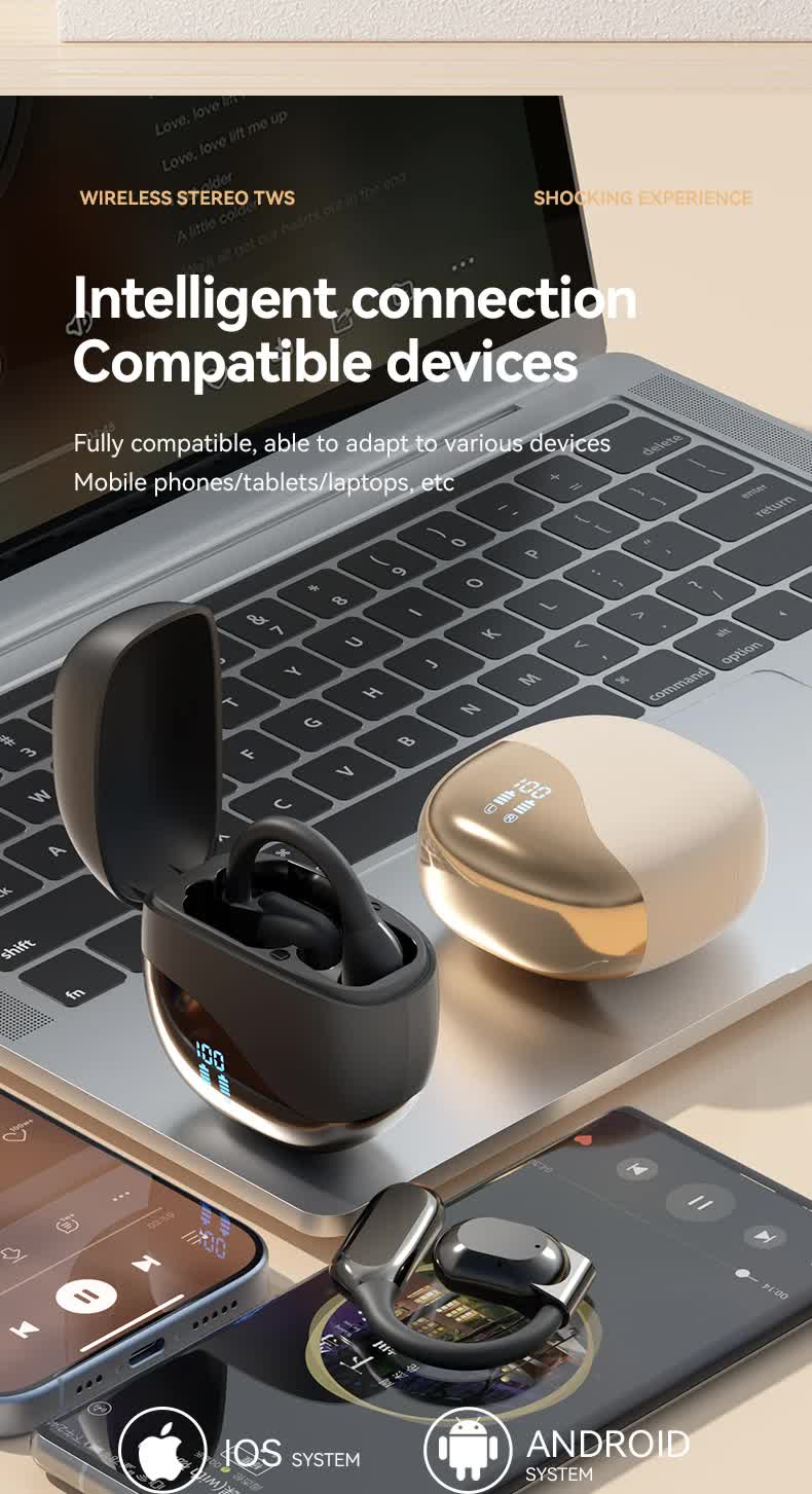 Gold Open Ear Bluetooth 5.3 Headphones - Non-In-Ear, Ear Hook, Wireless Sports