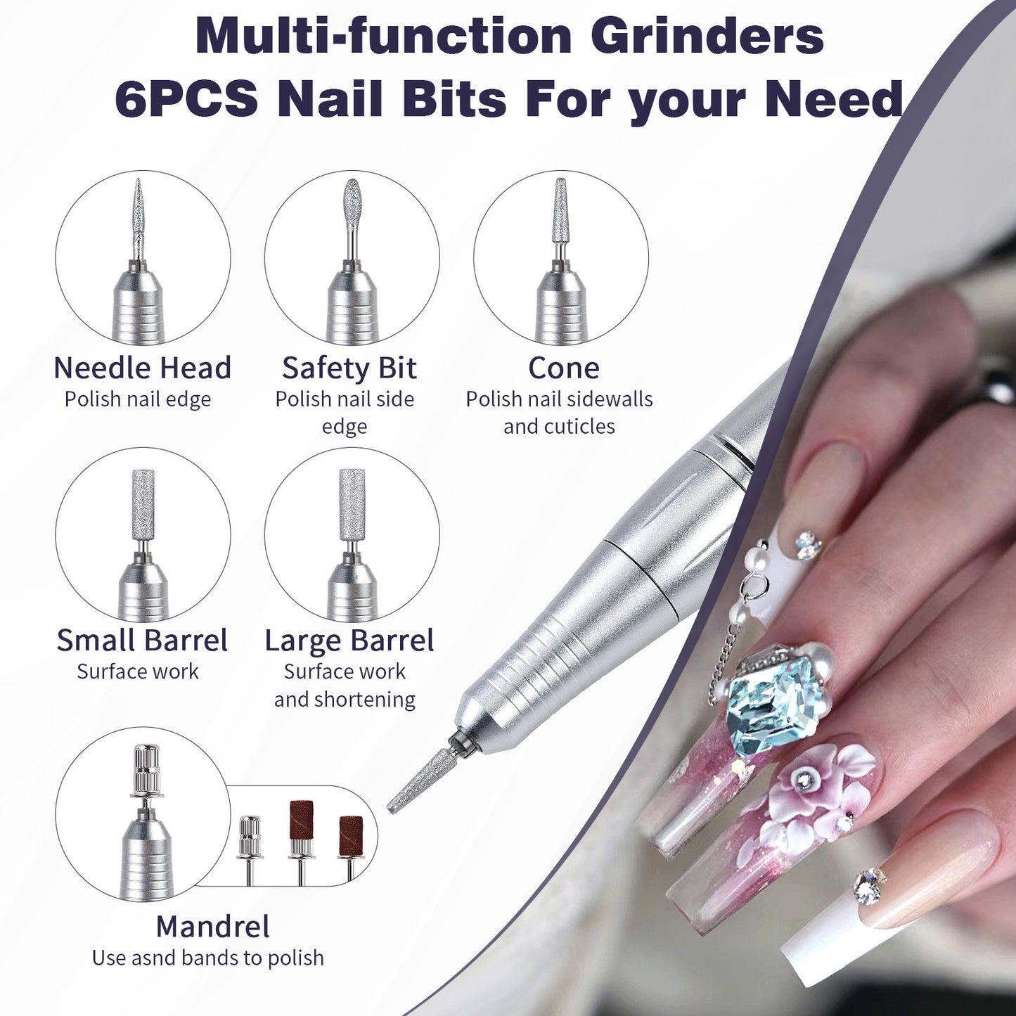 White Professional Electric Nail Drill, 45000RPM Rechargeable Nail Grinder Polisher for Salon & Home Use