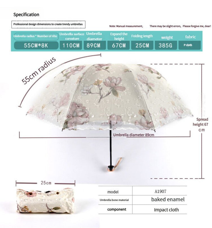 Ivy apricot yellow Elegant Lace Parasol - UV Protection, Sun & Rain Umbrella, Tri-Fold Design