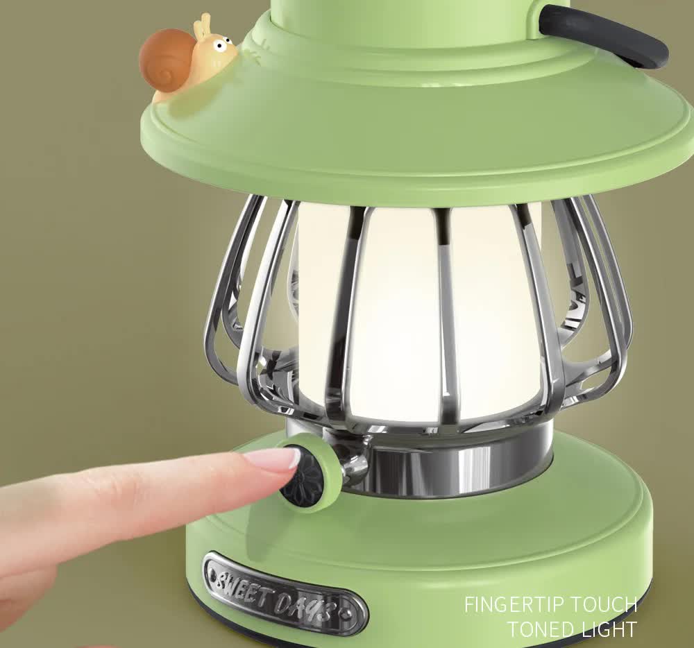 White Retro Snail Night Light - Portable Rechargeable Camping Lantern with Hook, 3-Color Dimming