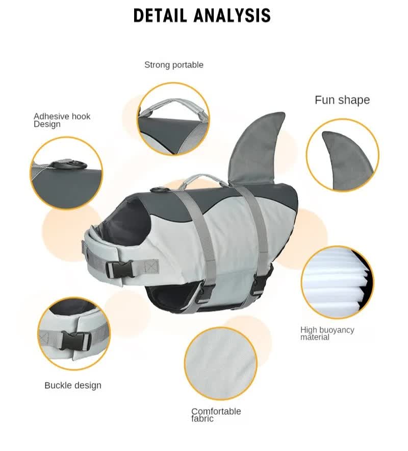 Size XS Grey Pet Life Jacket for Dogs - Summer Swimming Safety Vest with Shark Fin for Small to Large Breeds