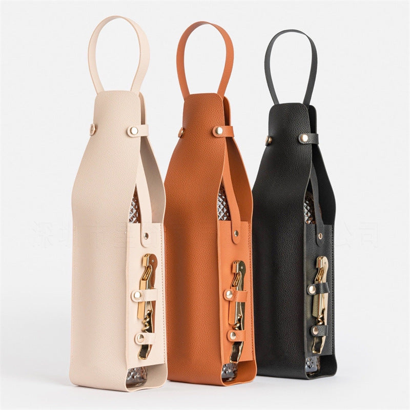 Brown Leather-Look Single Wine Bottle Carrier Bag with Handle and Side Pocket for Opener(Red wine and bottle opener are props for shooting and are not included)