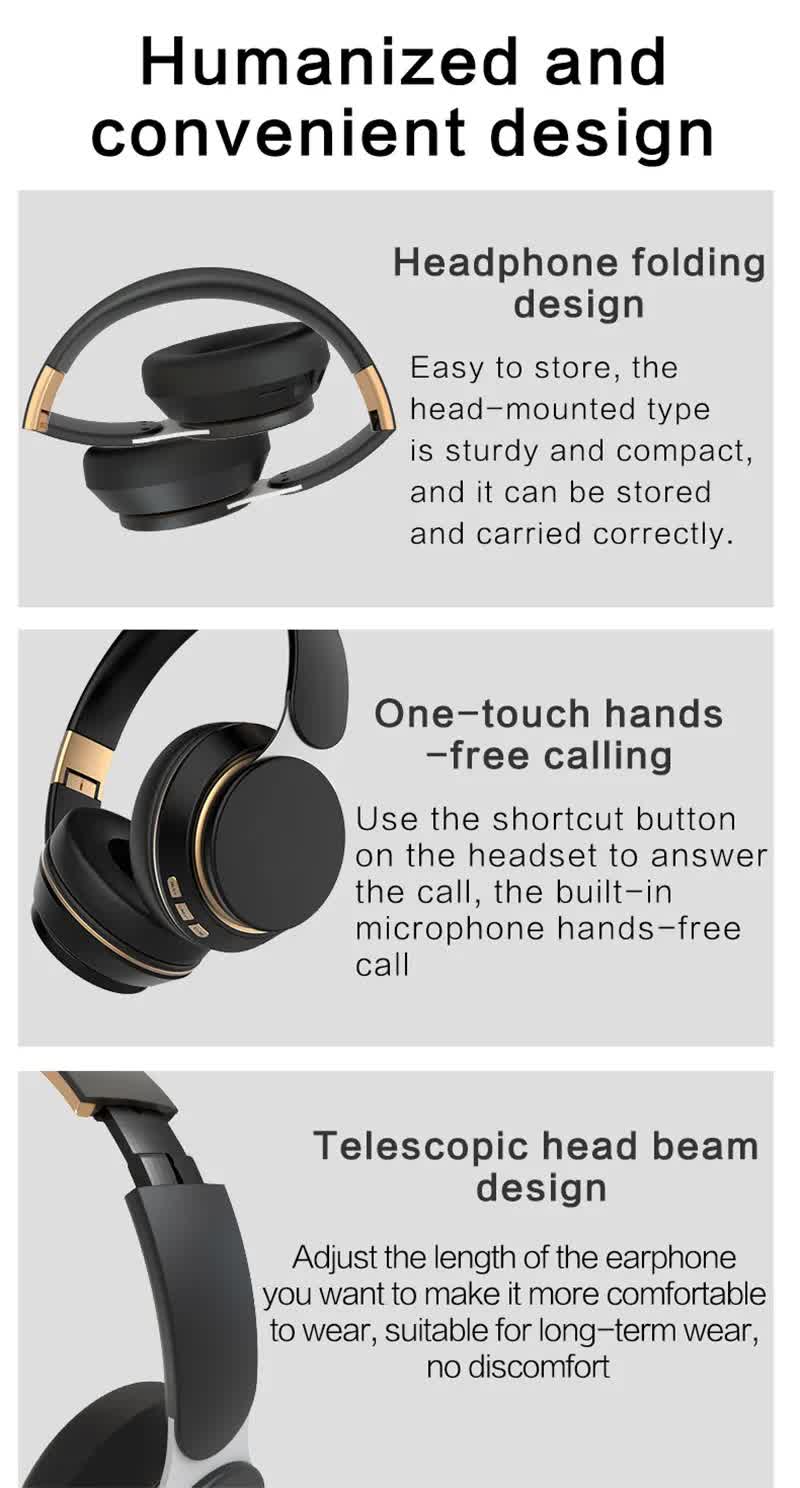 Black Wireless Bluetooth Headphones with Noise Reduction - Heavy Bass, Long Battery Life, TF Card Support