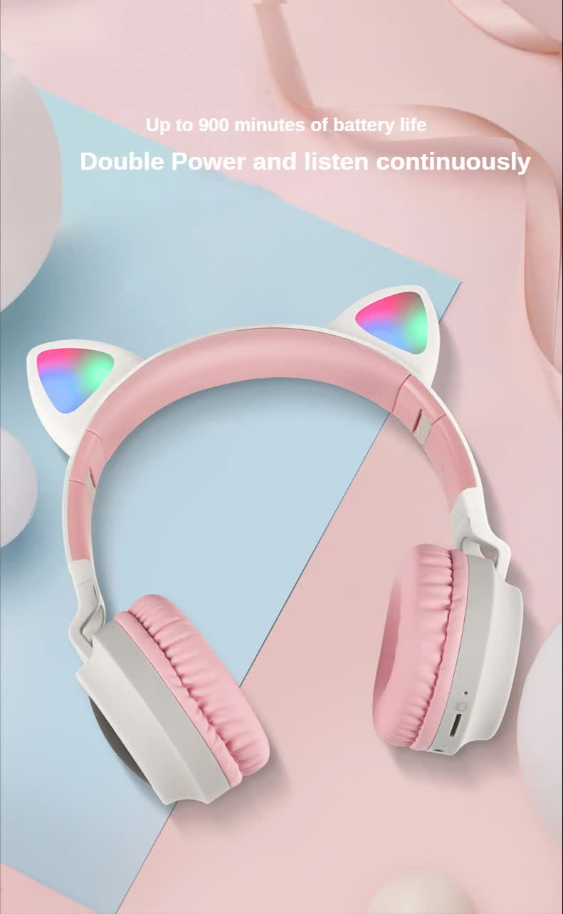 Blue And Grey Cat Ear Bluetooth Headphones with LED Lights - Wireless, Foldable