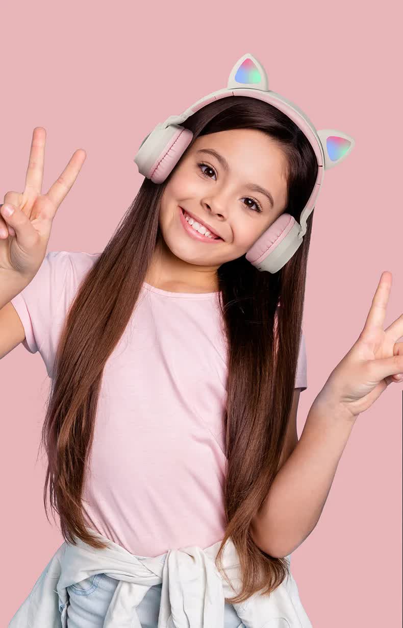 Blue And Grey Cat Ear Bluetooth Headphones with LED Lights - Wireless, Foldable