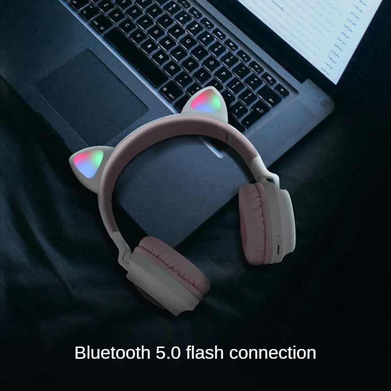 Blue And Grey Cat Ear Bluetooth Headphones with LED Lights - Wireless, Foldable