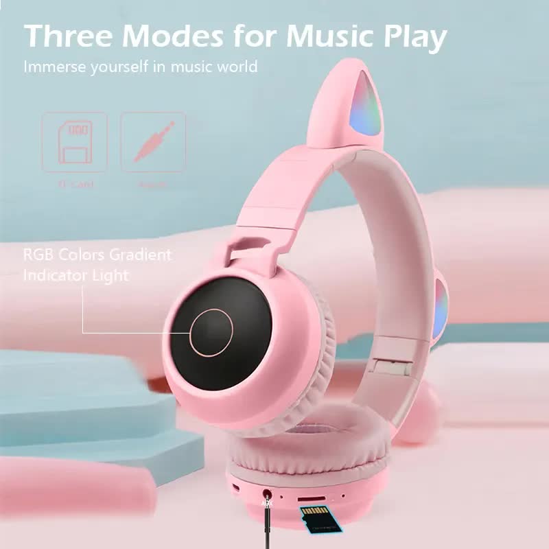 Blue And Grey Cat Ear Bluetooth Headphones with LED Lights - Wireless, Foldable