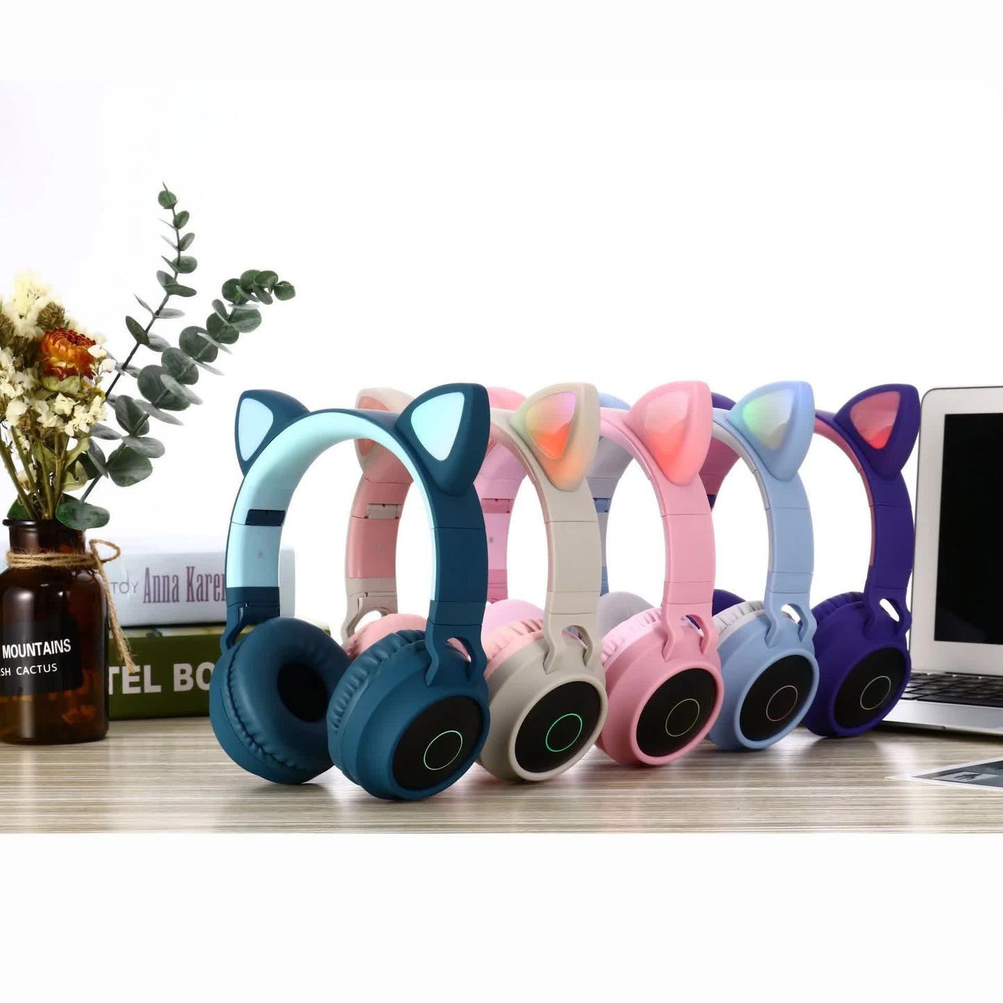 Blue And Grey Cat Ear Bluetooth Headphones with LED Lights - Wireless, Foldable