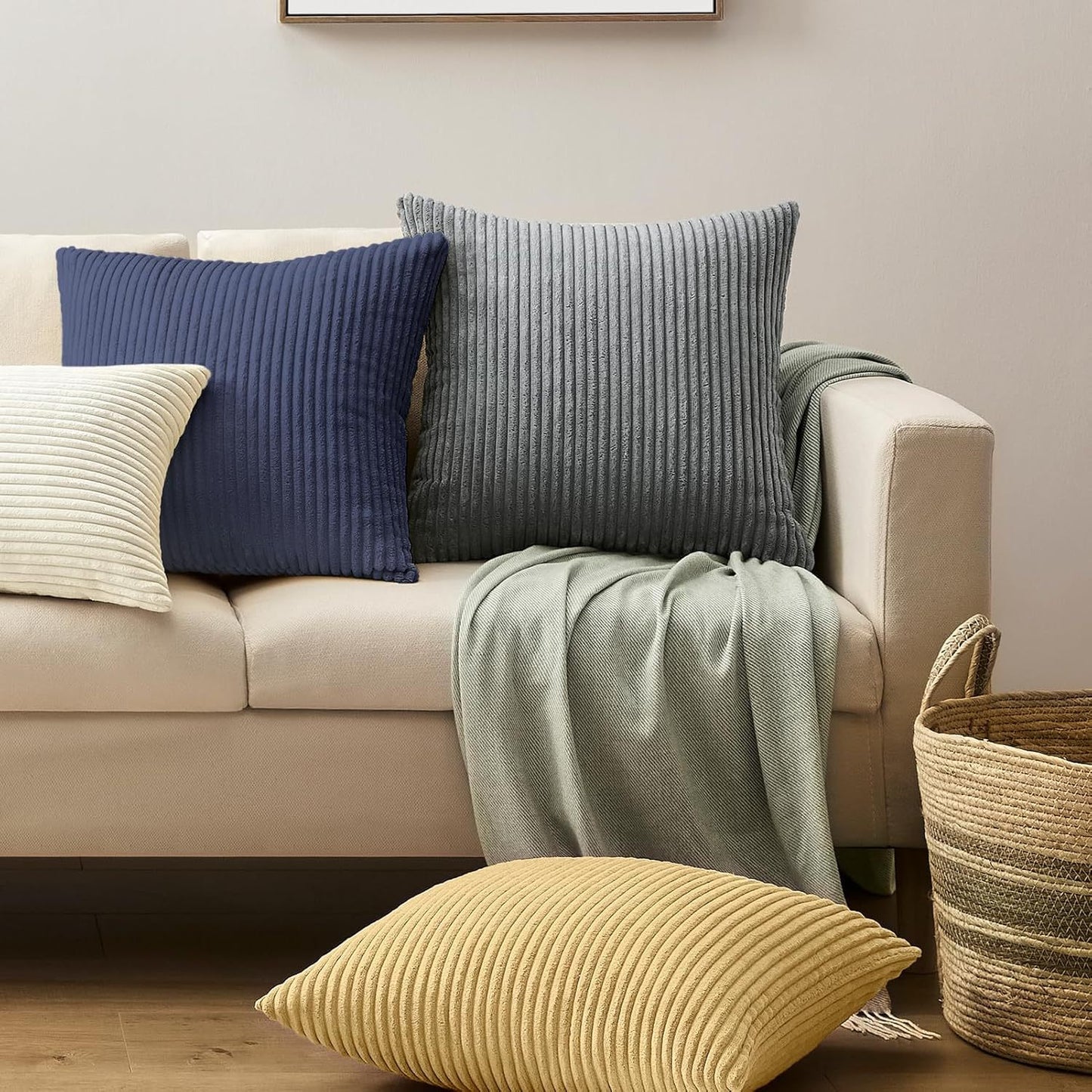 Dark Grey Plush Striped Pillow Covers 45x45cm - Set of 4 Corduroy-Style Cushion Covers with Invisible Zipper, Soft and Washable for Sofa Decor