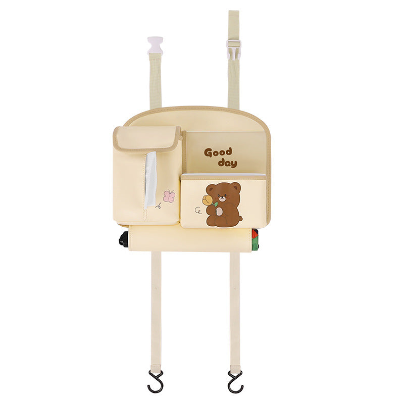 Beige Cute Cartoon Car Backseat Organizer with Multi-Pocket Storage and PP Trash Bin - 400g Lightweight PU Leather