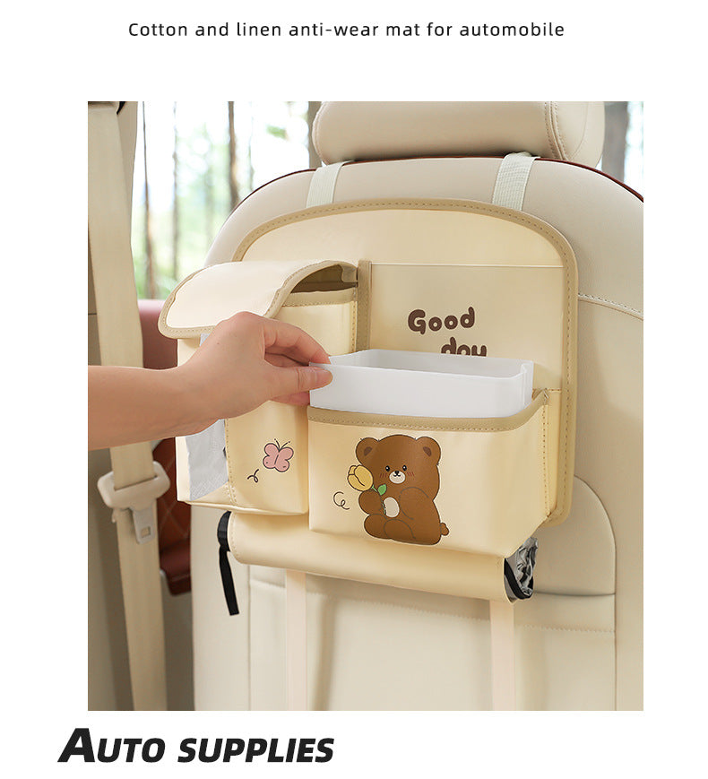 Beige Cute Cartoon Car Backseat Organizer with Multi-Pocket Storage and PP Trash Bin - 400g Lightweight PU Leather