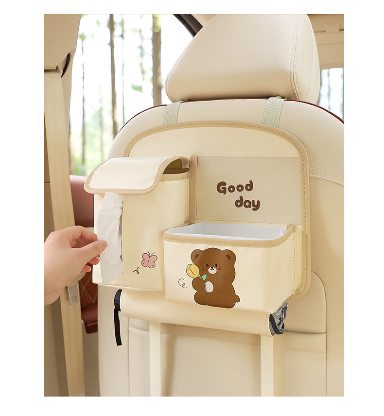 Beige Cute Cartoon Car Backseat Organizer with Multi-Pocket Storage and PP Trash Bin - 400g Lightweight PU Leather