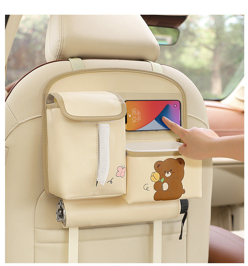 Beige Cute Cartoon Car Backseat Organizer with Multi-Pocket Storage and PP Trash Bin - 400g Lightweight PU Leather