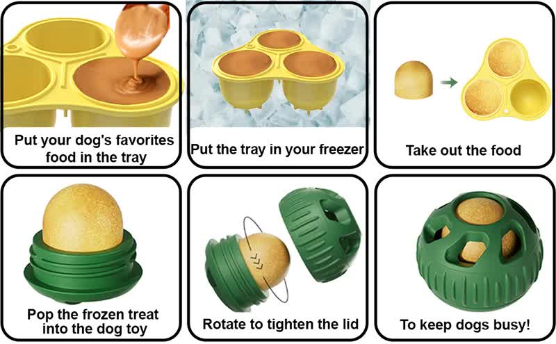 Green Ball and Yellow Mold Pet Treat Dispensing Ball and Molding Set - Silicone Dog Chew Toy for Teeth Cleaning and Boredom Relief