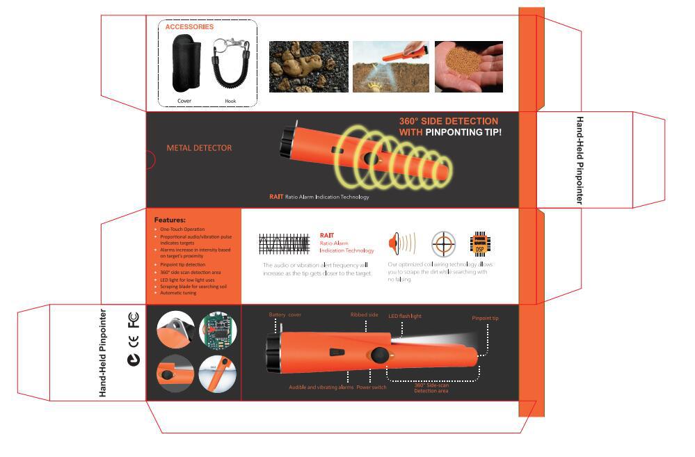 Orange High-Sensitivity Metal Detector Pinpointer - GP Pointer with Vibration and Audio Alert for Treasure Hunting