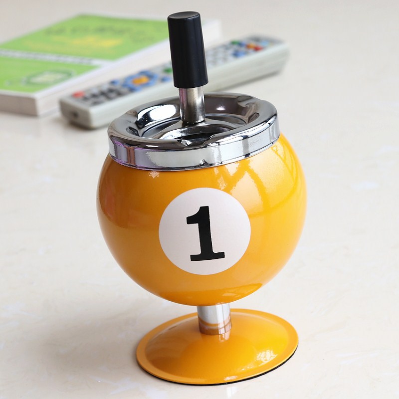 Billiard Ball Ashtray,Metal Covered Ash Holder with Anti-Fly Ash Design, Office Desk Decor(Yellow No. 1)