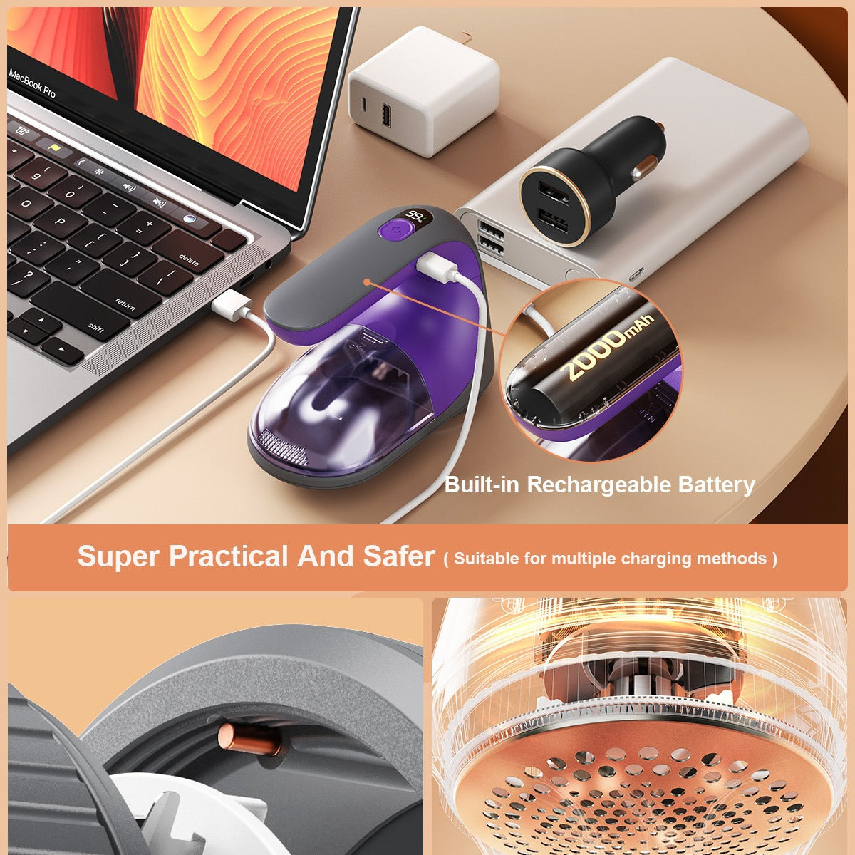 Electric Lint Remover - Rechargeable 2000mAh Fabric Shaver with LED Display(Purple)