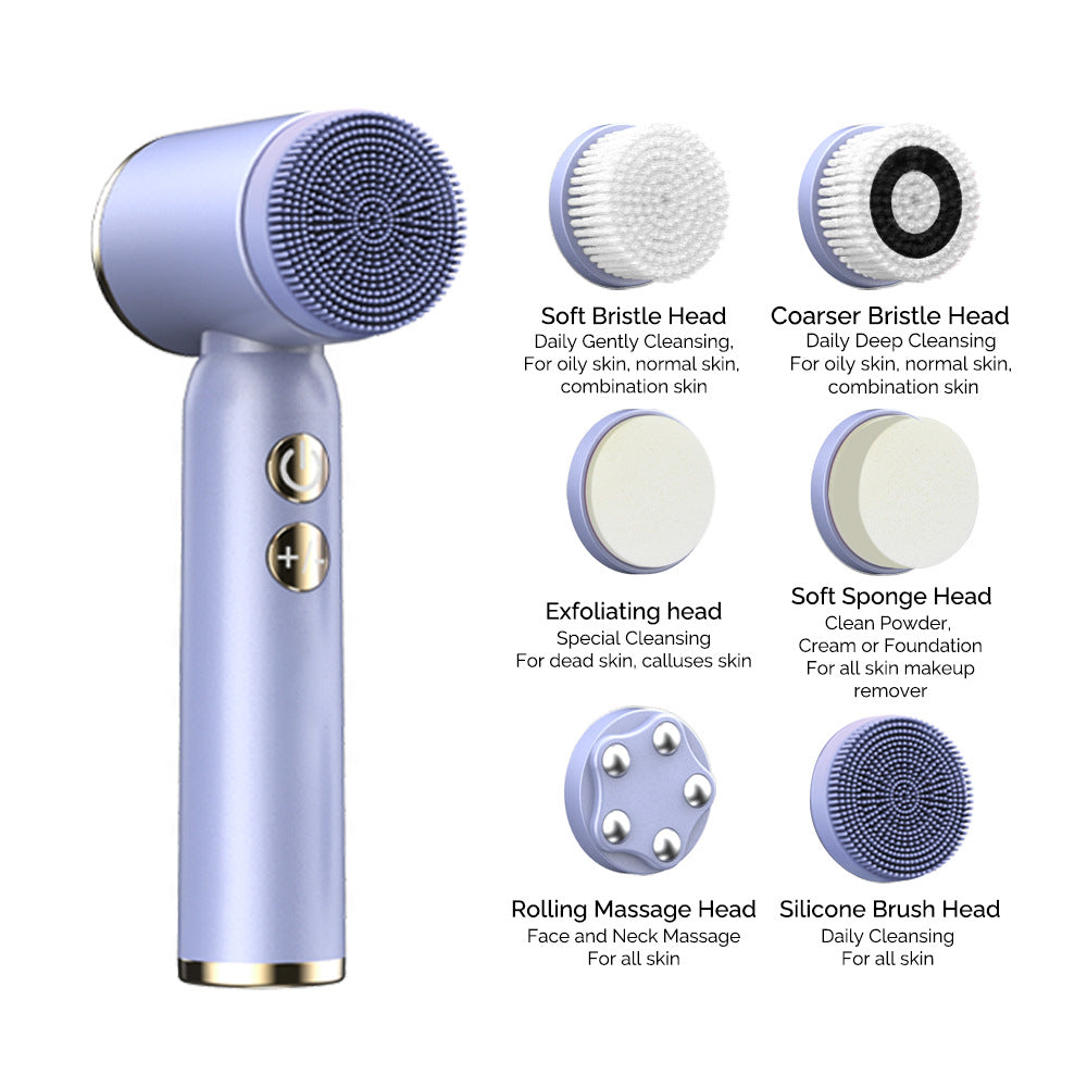 Purple 6-in-1 Electric Facial Cleansing Brush Set - Rechargeable & Waterproof