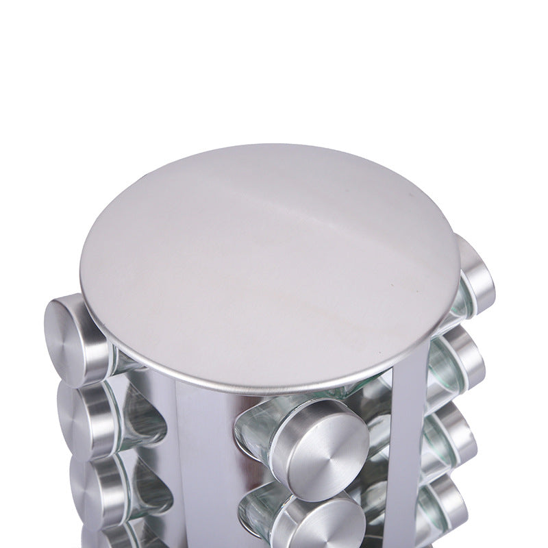 Modern stainless steel round-top rotating spice rack with 16 empty glass jars (88 ml each)