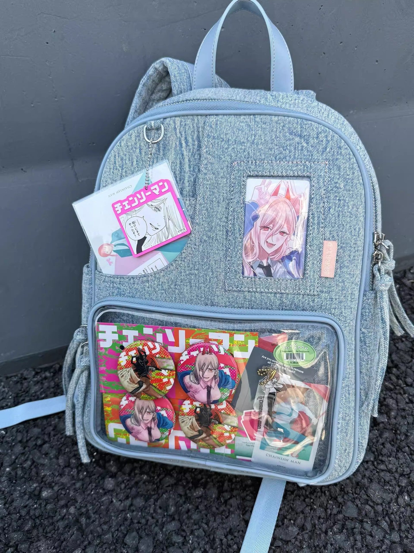 Light blue Large Capacity Anime Denim Bookbag for School Commute Anime Fans
