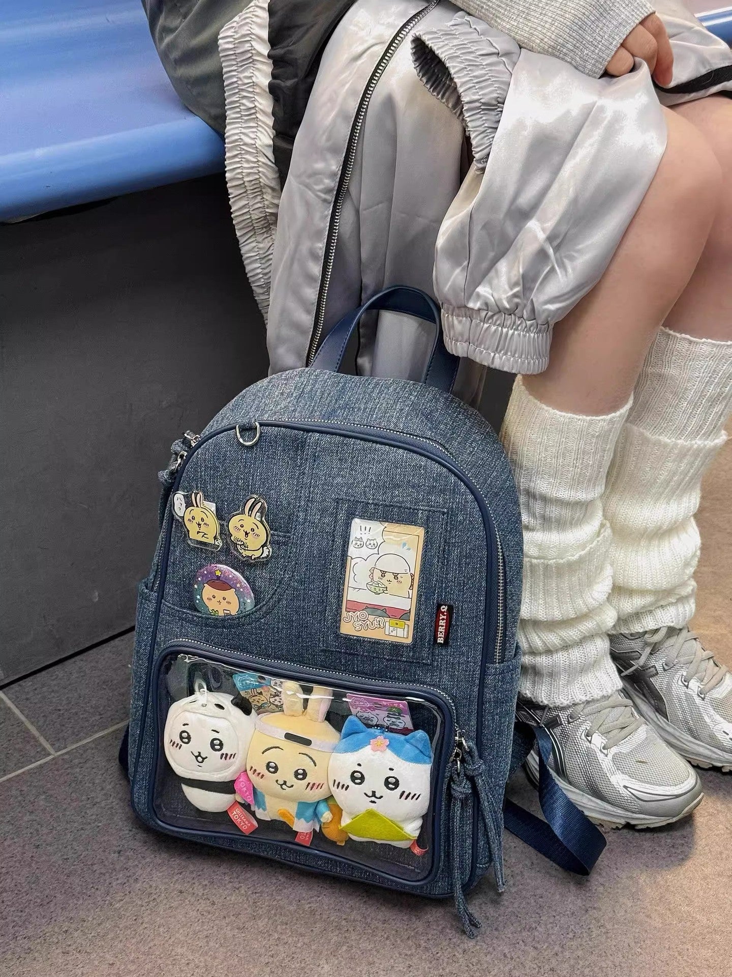 Dark blue Large Capacity Anime Denim Bookbag for School Commute Anime Fans