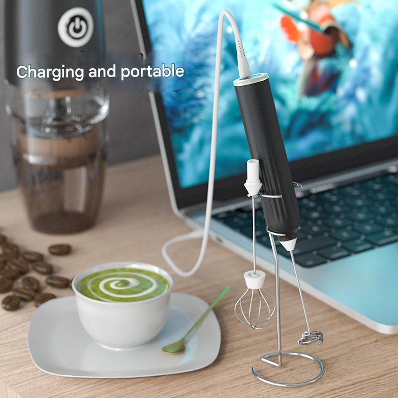 Green USB Rechargeable Milk Frother - 3-Speed Handheld Electric Whisk with Stand