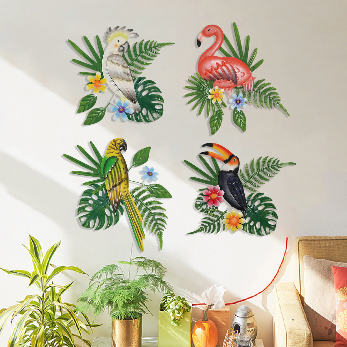 2 Pcs Red and Green Vibrant Flamingo Metal Wall Art - Tropical Leaves & Flowers Decor