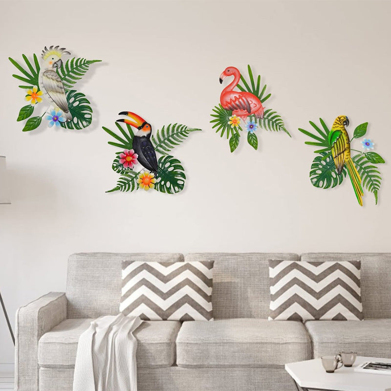 2 Pcs Red and Green Vibrant Flamingo Metal Wall Art - Tropical Leaves & Flowers Decor