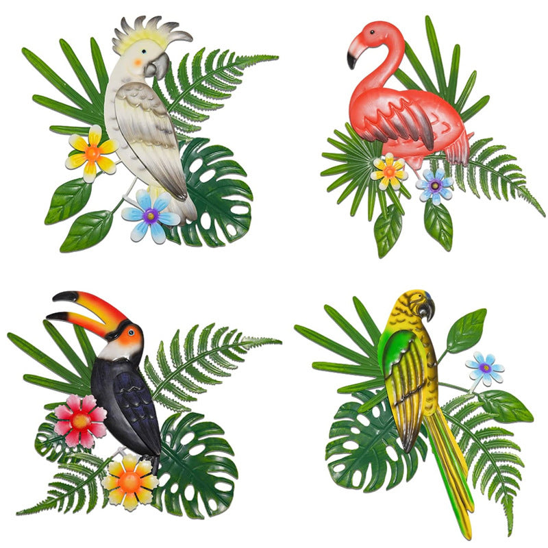 2 Pcs Red and Green Vibrant Flamingo Metal Wall Art - Tropical Leaves & Flowers Decor