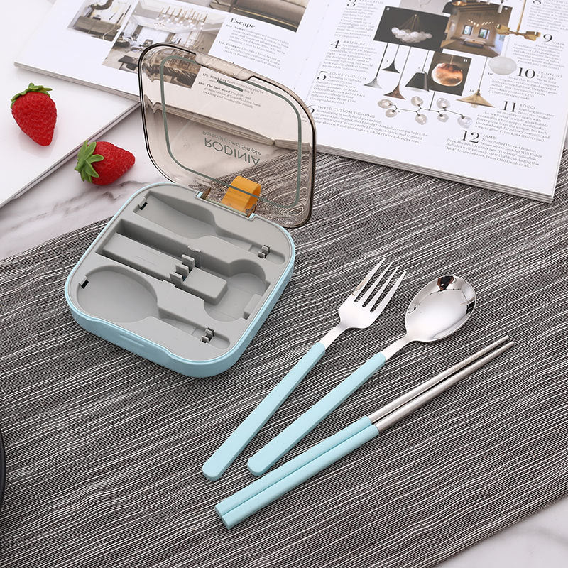 2 Sets Blue And Grey Portable Stainless Steel Cutlery Set - Reusable Utensils (2 Fork, 2 Spoon, 2 pairs of Chopsticks) with Compact Travel Case