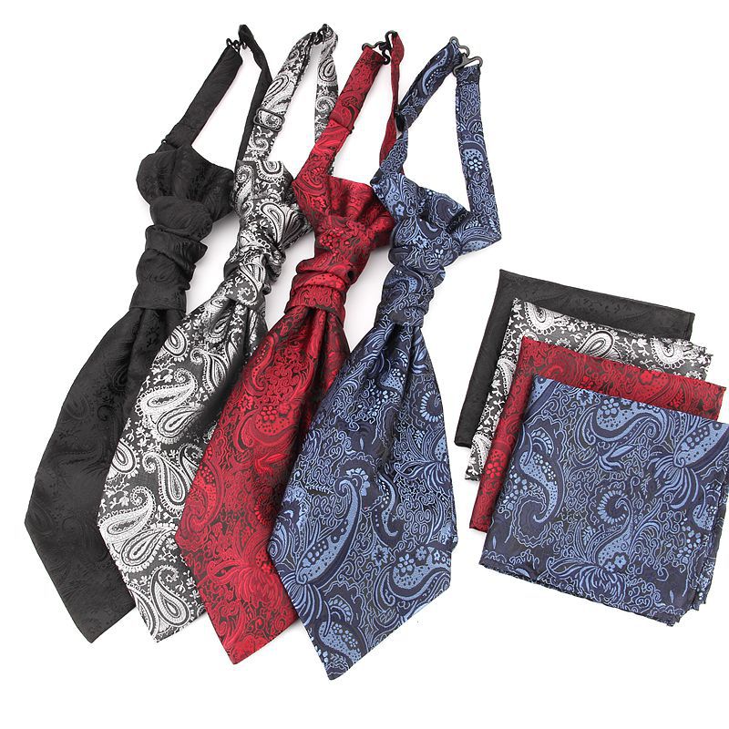 Men's Formal Paisley Ascot Cravat & Pocket Square Set - Adjustable Necktie for Weddings(Deep Blue pattern)