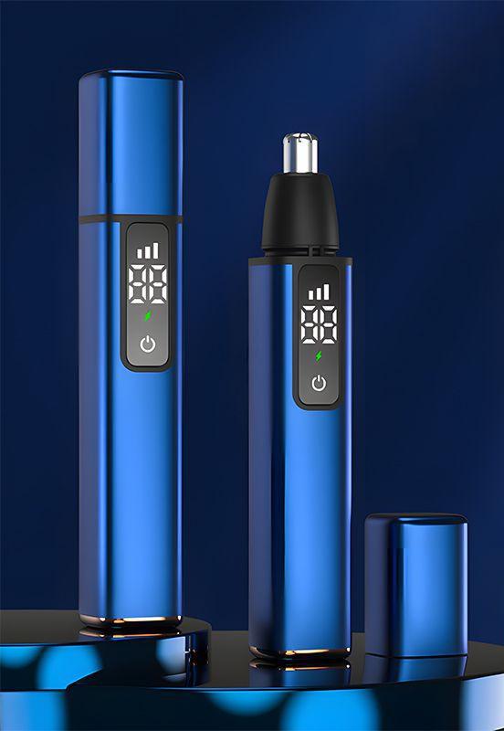 Rechargeable Electric Nose & Ear Hair Trimmer with Eyebrow Attachment - LCD Display, Washable Head, Type-C Charging(blue)