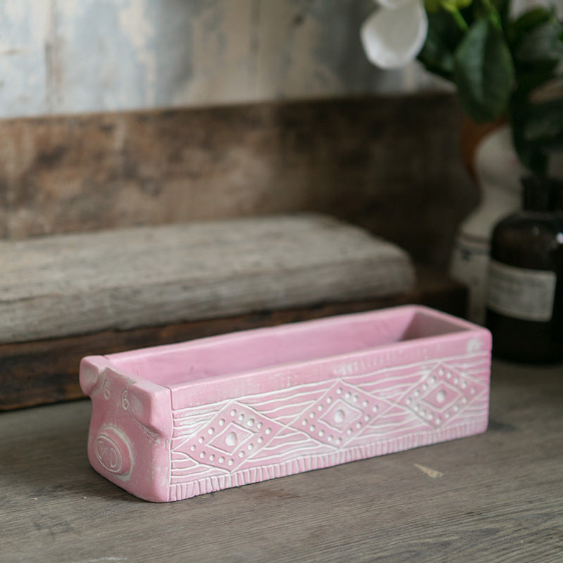 Pink Rustic Cement Pig Design Succulent Planter Trough - 31cm Decorative Animal Pot