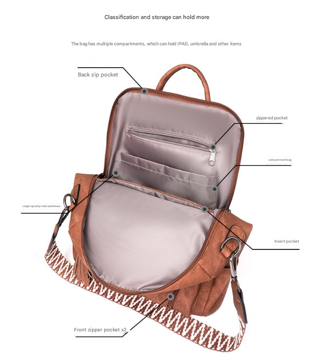 Grey Chic Women's PU Leather Convertible Backpack - Anti-Theft Design, Multi-Pocket Shoulder Bag with Tassel