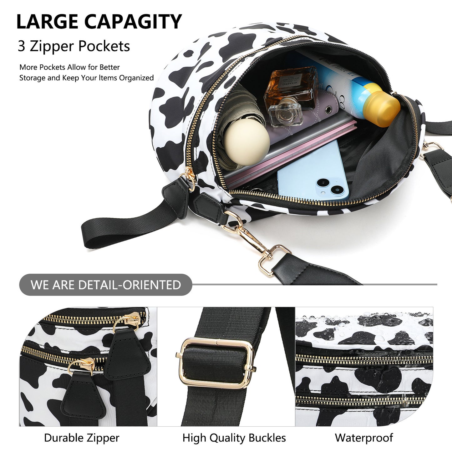 Light Grey Checkered Trendy Sling Bag - Women's Crescent Crossbody Purse with Wide Adjustable Strap