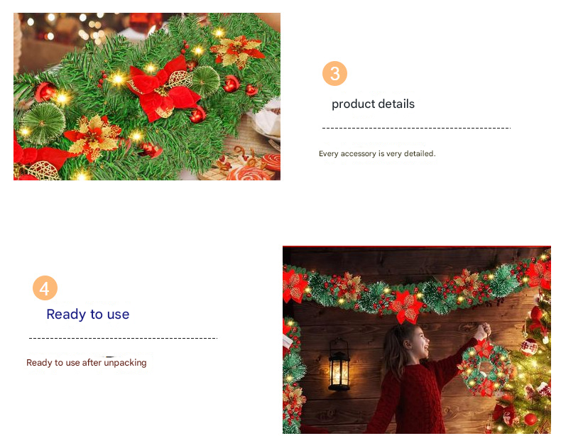 Gold Festive Pre-Lit Christmas Garland - 2.7M / 9FT Holiday Decoration with Warm LED Lights, Poinsettias & Berries