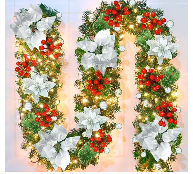 Silver Festive Pre-Lit Christmas Garland - 2.7M / 9FT Holiday Decoration with Warm LED Lights, Poinsettias & Berries