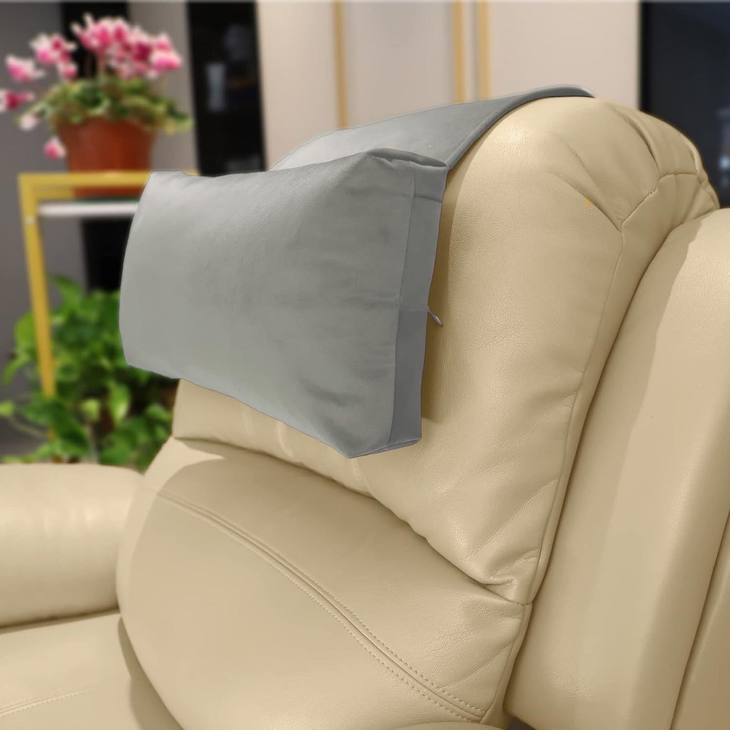 Grey New Fashion Velvet Recliner Headrest with Anti-Slip Base - Adjustable Neck Support Car Pillow