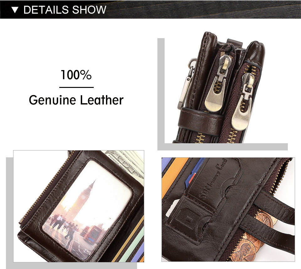 Red Genuine Leather Men's RFID Blocking Wallet - High Capacity Trifold with Zipper Coin Pocket