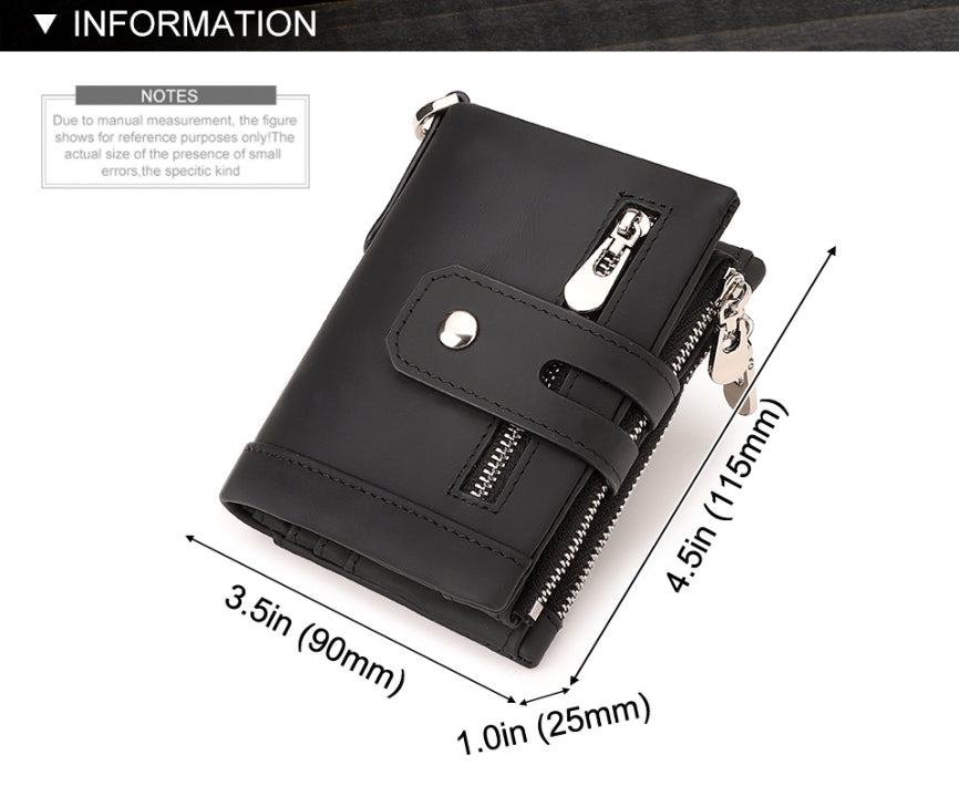 Red Genuine Leather Men's RFID Blocking Wallet - High Capacity Trifold with Zipper Coin Pocket