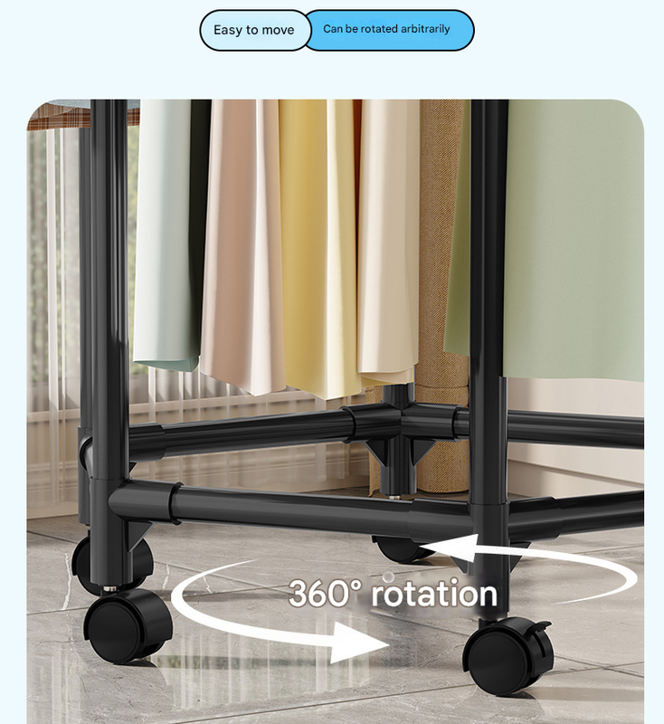 Black double layer 360° Rotating Portable Garment Rack - Heavy Duty Rolling Clothes Stand with Wheels for Bedroom & Laundry