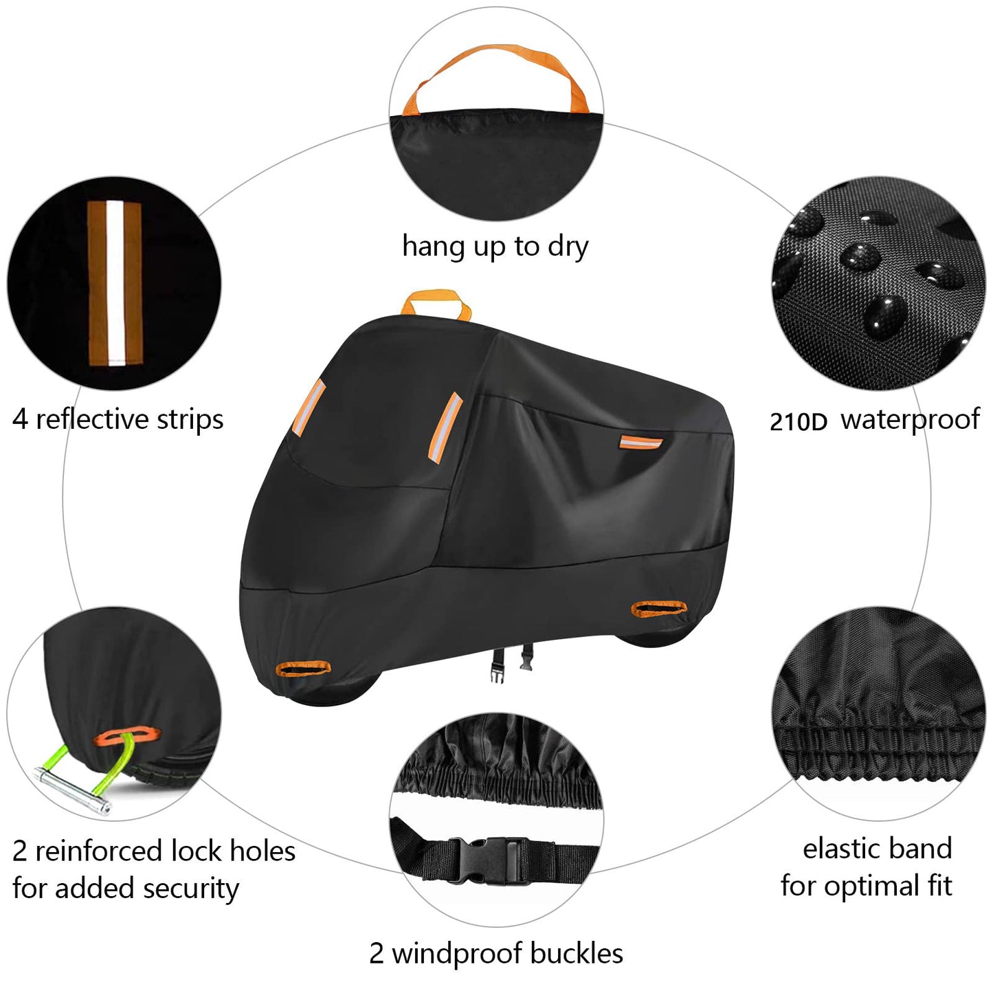 Heavy Duty 210D Waterproof Motorcycle Cover - All Season Outdoor Protection with Lock Holes & Windproof Buckles(Size: M)