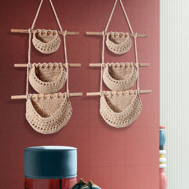 Single-layer cotton rope style Bohemian Hanging Fruit Basket – Wall-Mounted Woven Storage Net Pocket for Kitchen & Home Decor