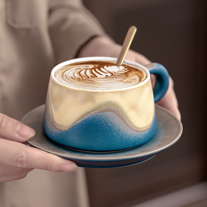Artistic Ceramic Coffee Cup & Saucer Set with Spoon - Gradient Glaze, 240ml, Gift Boxed(Orange)