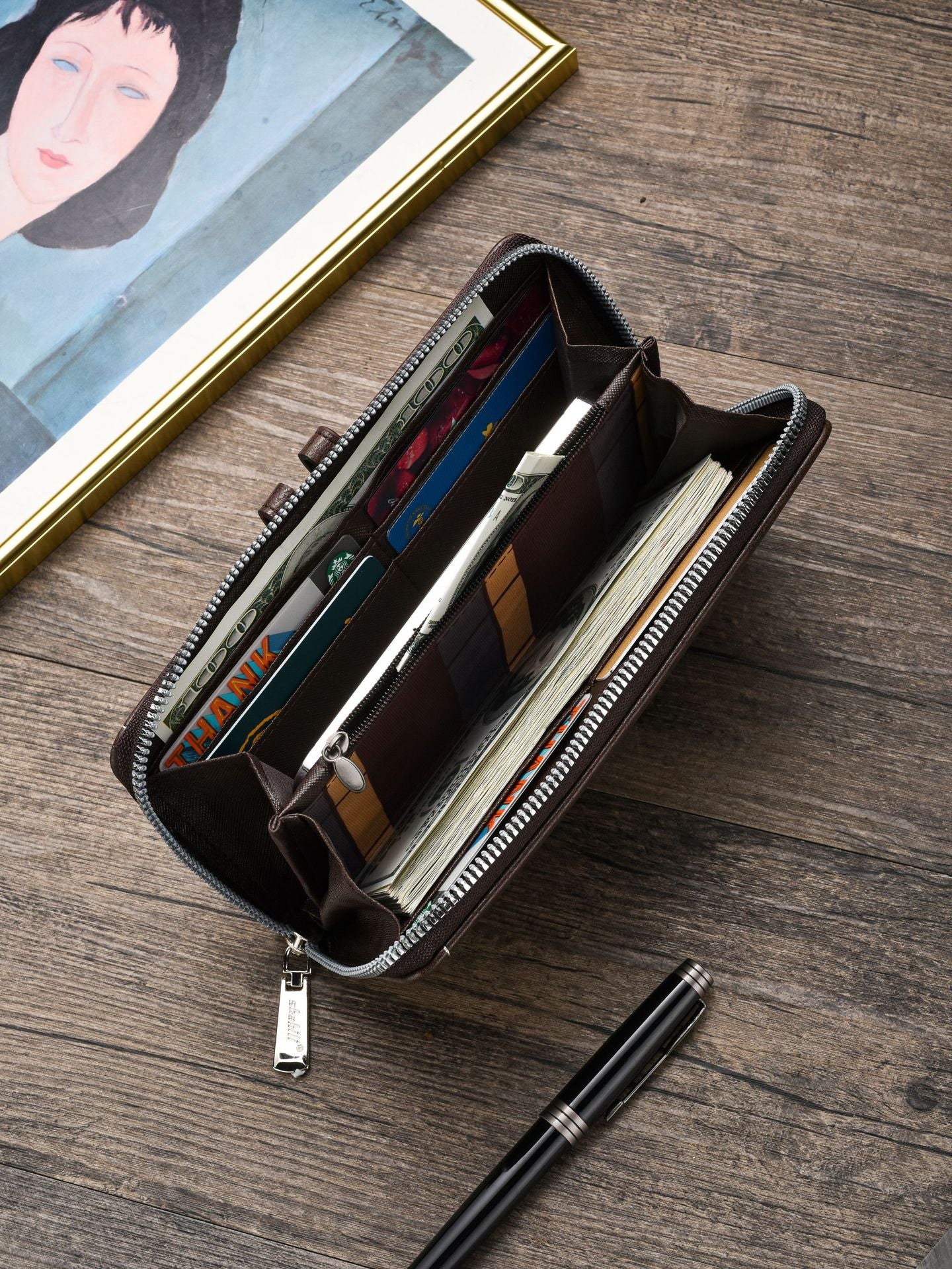 Two pieces High-Capacity PU Leather Clutch Wallet - Unisex Design with Wrist Strap, Zipper & Multiple Card Slots(Dark brown)