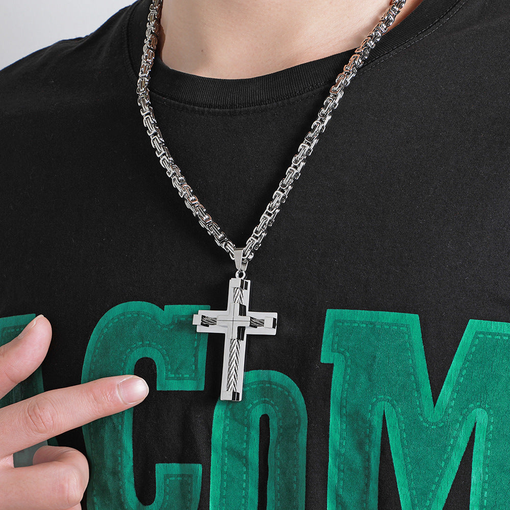 Men's Stainless Steel Layered Cross Pendant with Byzantine Chain - Fashion Statement Necklace(black)