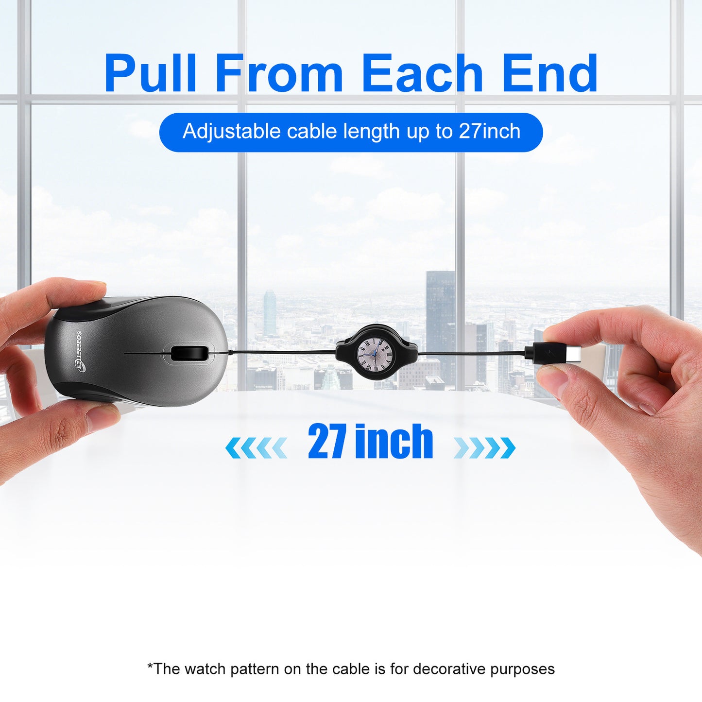 Blue and Black Portable Mini USB-C Mouse with Retractable Cable - Silent Click Travel Mouse for Laptop, MacBook, Tablet
